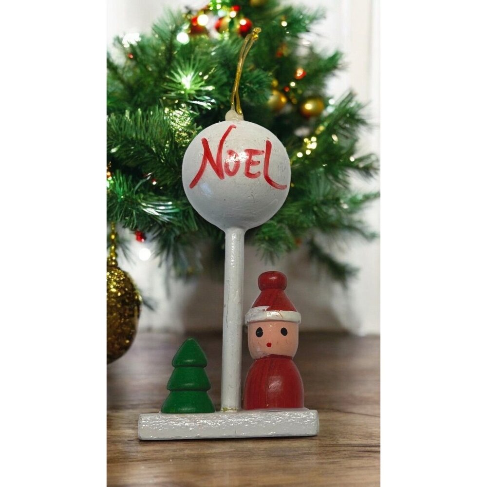Vintage Wooden Noel Christmas Ornament With Santa & Tree
